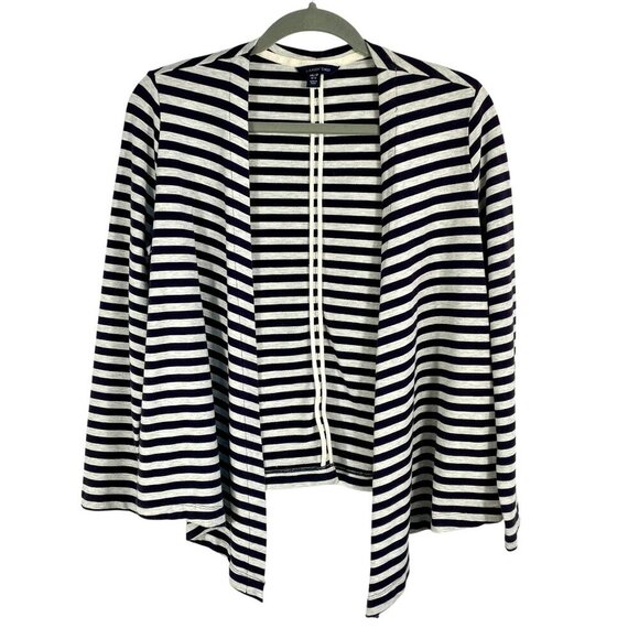 Land's End Cotton Preppy Nautical Sweater Navy & Gray Stripes Size Medium Petite - Picture 1 of 14